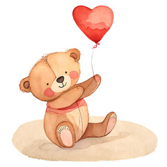 Watercolor illustration of a cute teddy bear holding a heart balloon. floating in the air white background png
