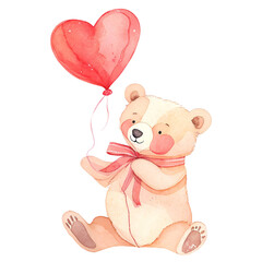 Watercolor illustration of a cute teddy bear holding a heart balloon. floating in the air white background png