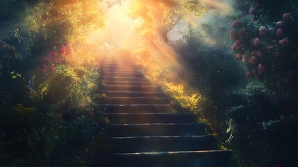 Sunlit Stone Steps Lead Through A Magical Garden
