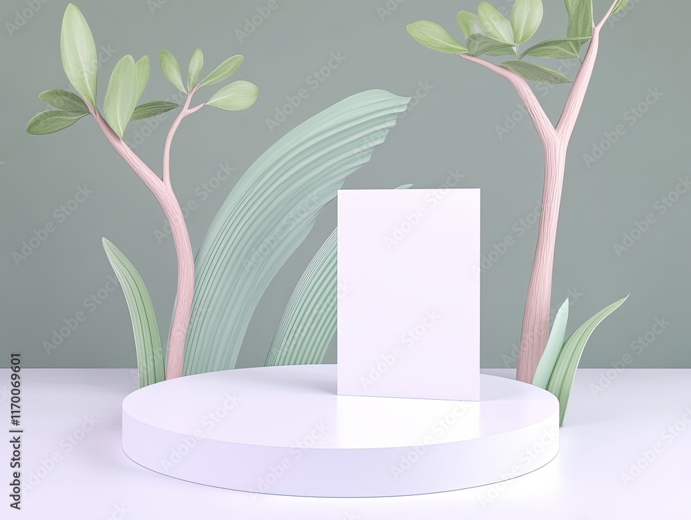 Poster modern minimalist display featuring blank canvas on circular podium surrounded by tropical leaves an