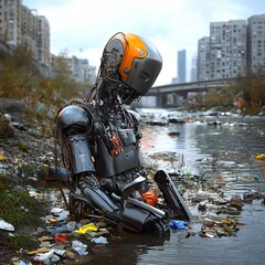 hyper-realistic depiction of an AI-powered robot cleaning up a heavily polluted river