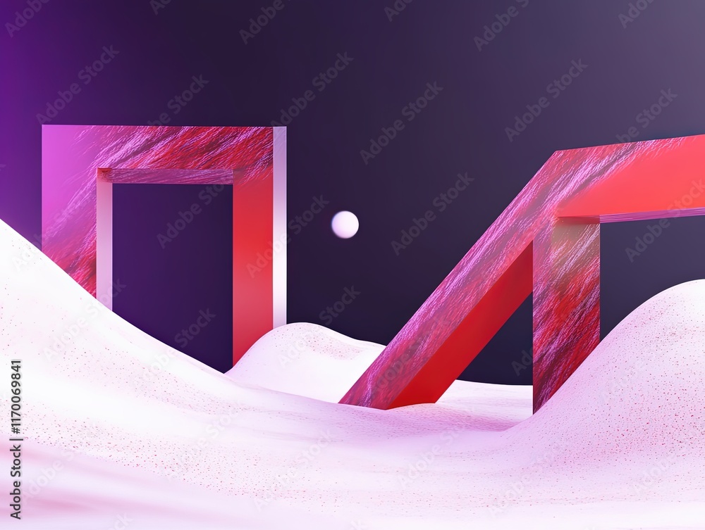 Poster abstract geometric shapes with pink and red colors in a dreamy landscape of soft textures and floati