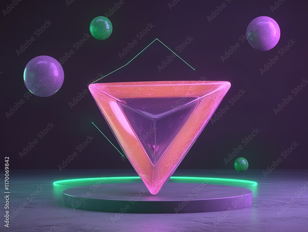 Poster abstract geometric design with a floating triangle and glowing spheres in a purple and green atmosph