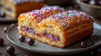 Delicious Sprinkled Loaf Cake Slice With Berry Filling