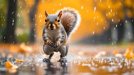 Squirrel running through autumn rain.