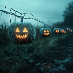 21. Glow-in-the-dark pumpkin carvings, spooky Halloween night, 3D illustration