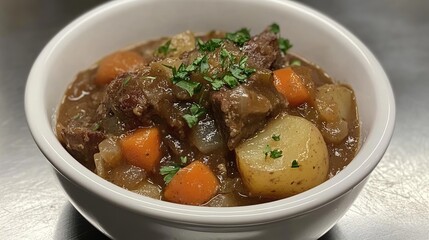 Beef stew in a white bowl with potatoes and carrots.