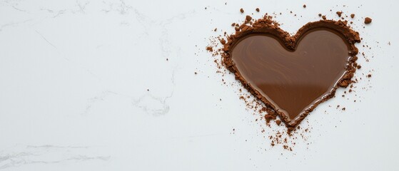 A heart-shaped chocolate design surrounded by cocoa powder on a light background, evoking sweetness and love.