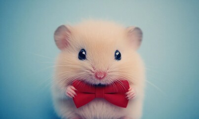 Cute hamster bow tie studio shot, blue background, pet portrait