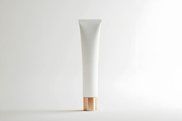 Cream tube plastic luxurious portable on white background with light and shadow. Collapsible squeeze tube cosmetic containers with flip lid gold. Modern bottle packaging products. Copy space for text.