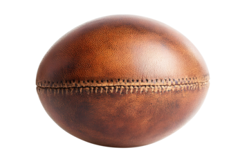 Old rugby ball brown isolated on cut out PNG or transparent background. Rugby football Play on large stadium lawn. Sport that originated from school. Rugby union is popular sport all over world. 