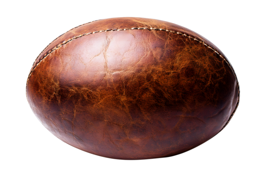 Old rugby ball brown isolated on cut out PNG or transparent background. Sport that originated from school. Rugby union is popular sport all over world. Rugby football Play on large stadium lawn.