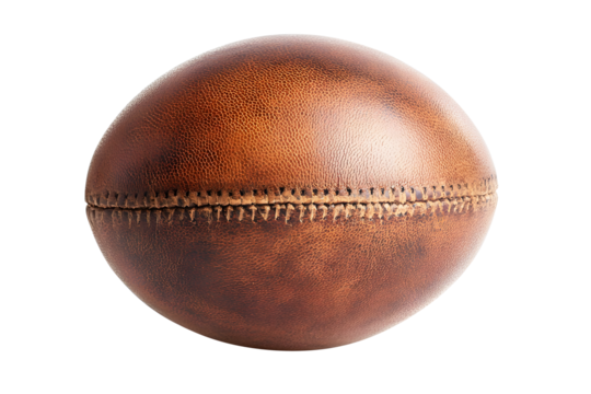 Old rugby ball brown isolated on cut out PNG or transparent background. Rugby football Play on large stadium lawn. Sport that originated from school. Rugby union is popular sport all over world. 