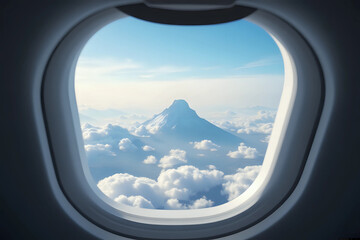 Airplane window. Mountain and clouds view