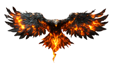 Bird eagle in flight crafted entirely from molten magma or lava and blazing fire isolated on cut out PNG or transparent background. Red and orange hues radiate.