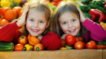 Fototapeta premium Happy children enjoying fresh vegetables at vibrant market