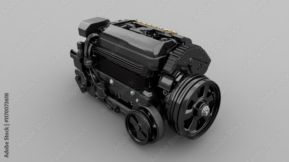 Poster A 3D rendering of a compact automotive engine showcasing its mechanical components.
