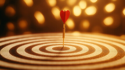 conceptual photo of dartboard featuring single dart with heart tip, symbolizing love and precision. warm background adds romantic touch to image