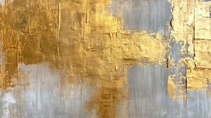 Abstract expressionist piece featuring layers of gold and silver textures, creating striking visual contrast. artwork evokes sense of elegance and modernity