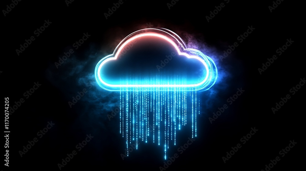 Poster a glowing neon cloud icon in electric blue and white, with glowing binary code cascading from the cl