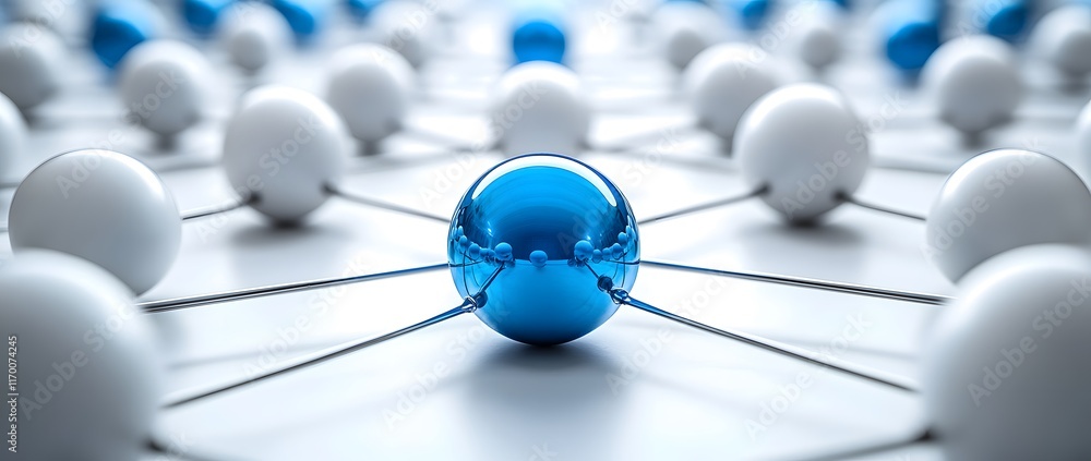Wall mural blue sphere connected to network of white spheres representing connectivity and networking concept