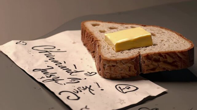 Slice of bread topped with butter, accompanied by a red apple and a handwritten note.