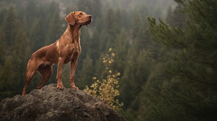 A portrait of Ranger, a rugged and brave hunting dog, standing atop a rocky outcrop overlooking a dense forest. The dogs powerful stance and watchful eyes capture its confidence and readiness for adve