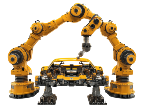 Yellow robotic arms assembling automotive parts on clear background
