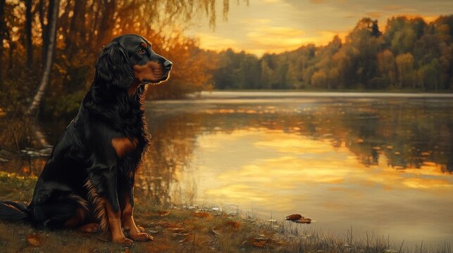 A Gordon Setter sits calmly by a lake, its black and tan coat gleaming under the orange hues of the setting sun. The still water reflects the serene beauty of the moment. 