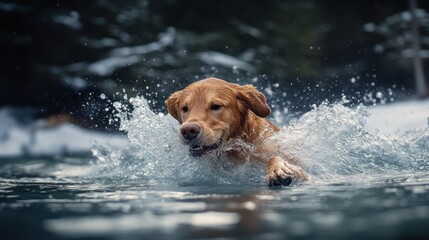 A Chesapeake Bay Retriever fearlessly plunges into cold, icy water, creating dramatic splashes as it swims toward its target. The muted tones of the winter landscape add a sense of rugged adventure.