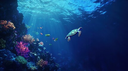Fototapeta premium Underwater scene with sea turtle swimming near coral reef.