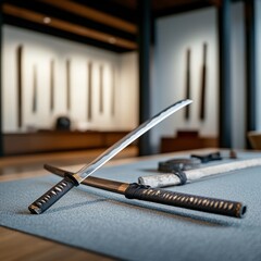 Naklejka premium Samurai sword collection displayed in a traditional Japanese museum, surrounded by armor and historical artifacts, soft lighting, high-detail photography.