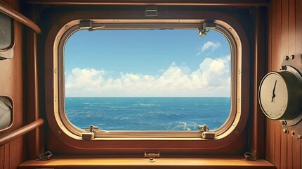Tranquil ocean view through a round ship window on a calm day at sea  
Seamless looping 4k time-lapse virtual video animation Generated AI