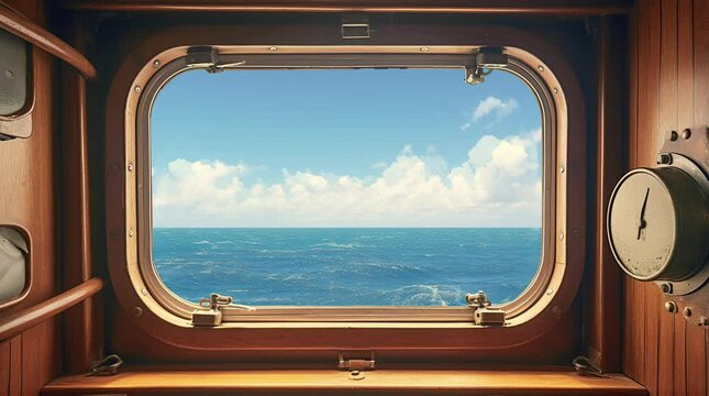 Tranquil ocean view through a round ship window on a calm day at sea  
Seamless looping 4k time-lapse virtual video animation Generated AI