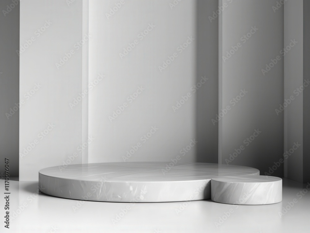 Poster abstract monochrome background featuring smooth marble platforms on a minimalist setting with soft s