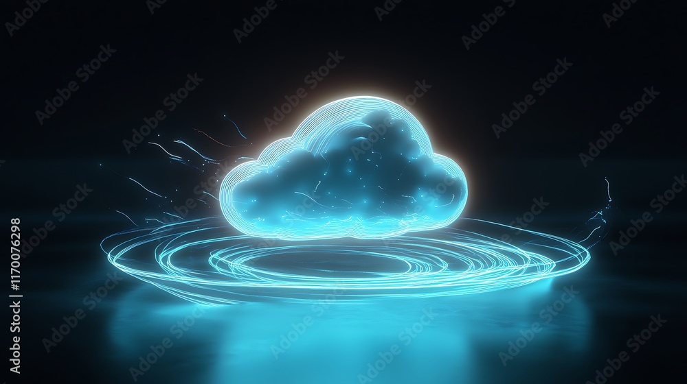 Poster a glowing neon data cloud icon in soft blue and white, with glowing data streams flowing around it, 