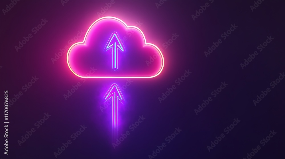 Poster a glowing neon data cloud icon in purple and pink, with glowing arrows pointing upward into the clou