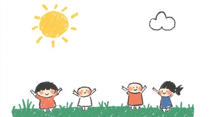 Fototapeta premium Joyful Kids Playfully Celebrating Sunny Day Hand-Drawn Illustration. AI Generated
