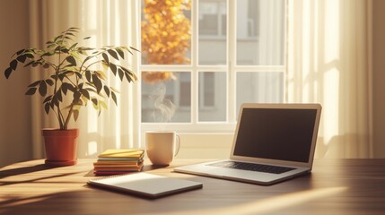 Fototapeta premium Cozy Workspace with Laptop, Notepad, Coffee Cup, and Houseplant