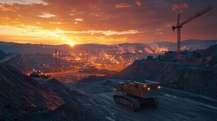 Sunset Over Industrial Construction Site Landscape