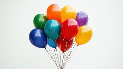 A colorful bunch of balloons against a light background.