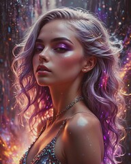 Fashion model woman in bright sparkles against a fantastic backdrop, colorful hairstyle. Fantastic beauty girl.