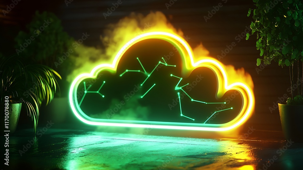Poster a glowing neon data cloud icon in vibrant green and yellow, with glowing connection lines extending 