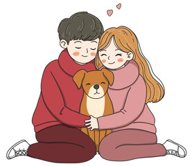 International Hug Day vector illustration on white background.Couple holding a dog with love.	
