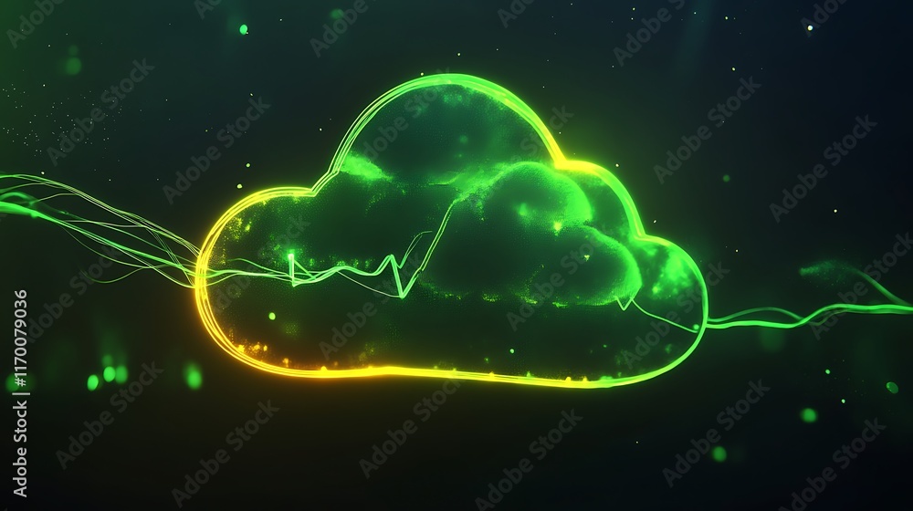 Aufkleber a glowing neon data cloud icon in vibrant green and yellow, with glowing connection lines extending 