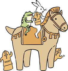 鳥獣戯画　うさぎとカエルが埴輪と馬形埴輪に乗って遊ぶイラストレーション