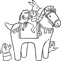 鳥獣戯画　うさぎとカエルが埴輪と馬形埴輪に乗って遊ぶイラストレーション
