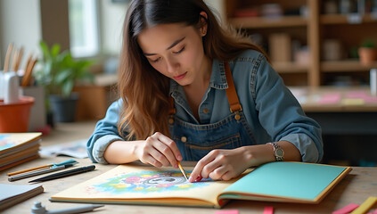 “A Professional Paper Engineer Creating Interactive Pop-Up Books” – A skilled artisan assembling intricate pop-up designs for a children’s book, surrounded by colorful paper and crafting tools in a wo