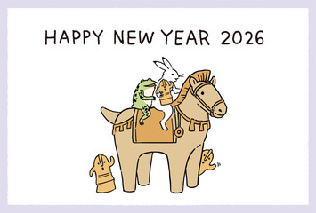 2026年　年賀状　鳥獣戯画　うさぎとカエルが馬形埴輪に乗って遊ぶイラストレーション