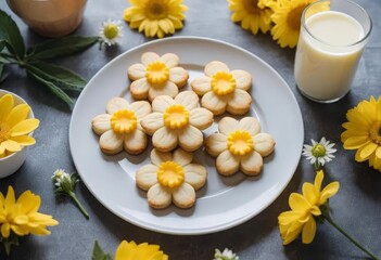 A plate of butter cookies in the shape of flowers with a cup of tea in the background